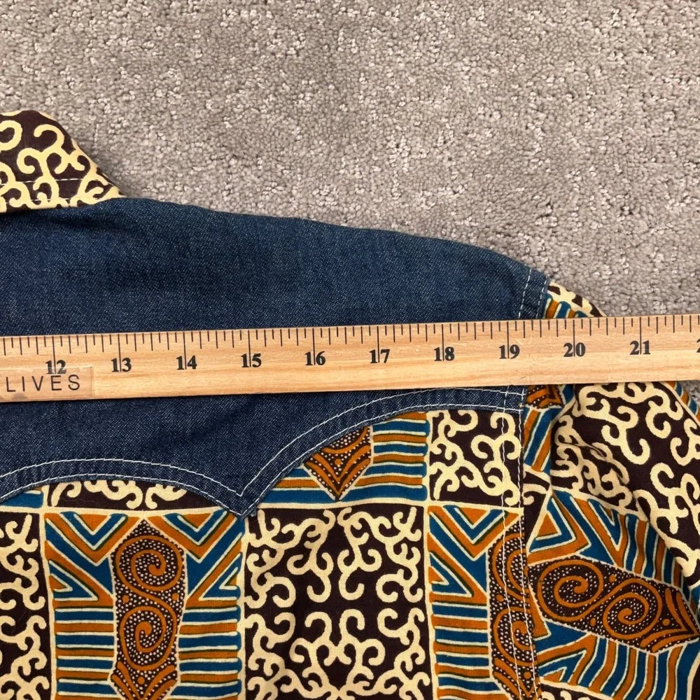 Unity Shirt Mens Small Blue Orange Western Snap Tribal Wax Print Geometric Denim